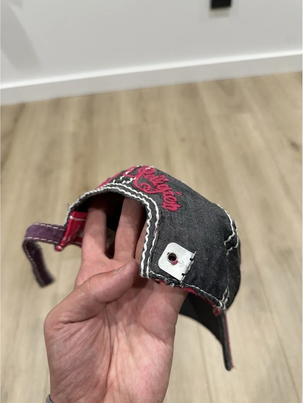 True Religion Distressed Gray Pink Adjustable Strap-Back Hat BROKEN